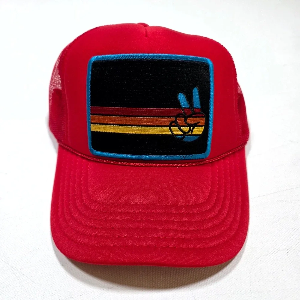 Port Sandz Trucker Hat Mens Surf Red Peace Sign Retro Stripe Mesh Snapback Cap